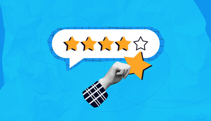 Customer rating concept with hand holding star and review chat bubble on blue.