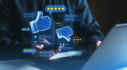 Thumbs up and down with star ratings over smartphone and laptop screen interface.