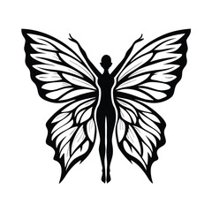 Fototapeta premium Butterfly Woman Silhouette, Black Ink Design, Wings Up, Raised Arms, Abstract, Isolated