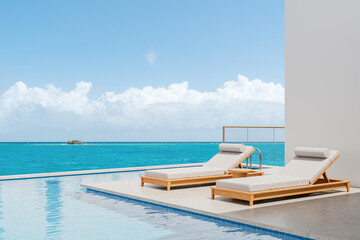 Modern exterior poolside design with minimalist loungers overlooking turquoise ocean and distant island under clear blue sky. 3D Rendering