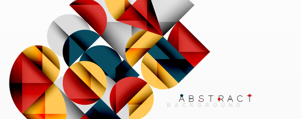 Geometric shapes overlap, creating vibrant composition. Red, yellow, navy, white dominate design. Modern aesthetic.