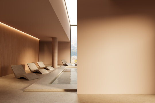 Minimalist indoor spa scene with blank beige wall for poster mockup and natural light from skylight window above pool loungers. 3D Rendering