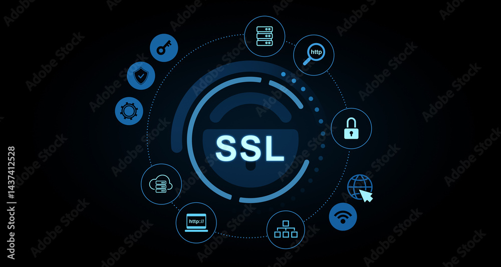Poster ssl encryption technology concept with cybersecurity and internet protection icons in circular layou