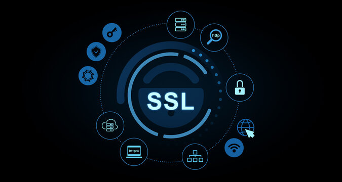 SSL encryption technology concept with cybersecurity and internet protection icons in circular layout on dark digital background. 3D Rendering