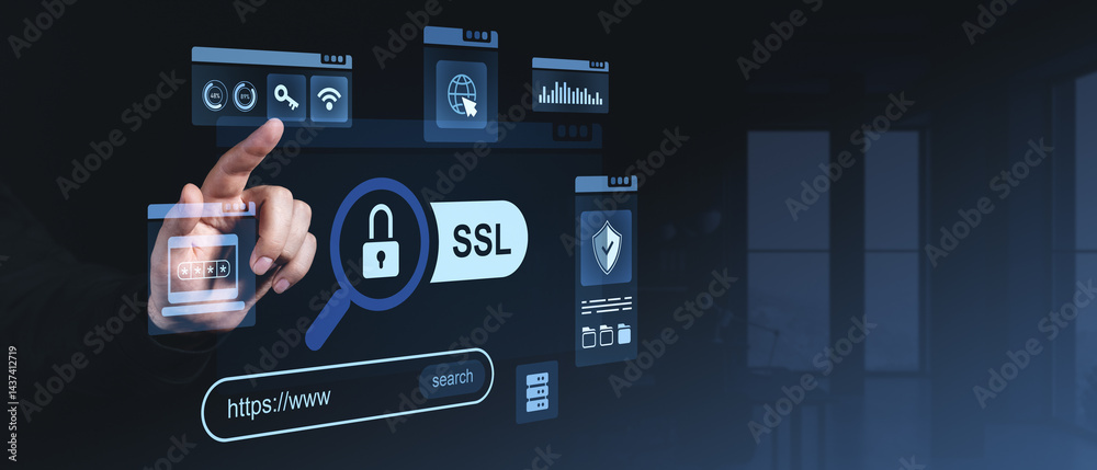 Poster hand interacting with digital ssl security interface on virtual screen background.
