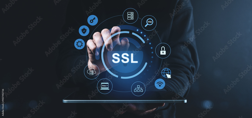 Poster ssl security interface with icons on virtual screen over tablet in dark setting.