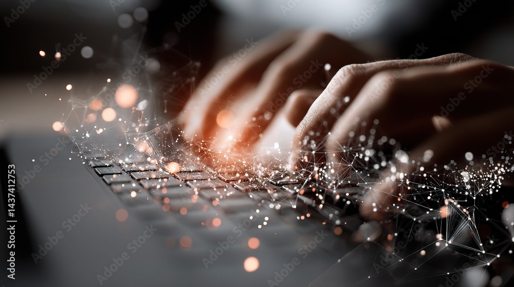 Poster man typing on keyboard with glowing tech particles in background