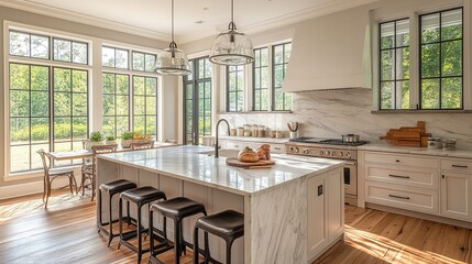 Sunlit open kitchen interior with luxurious marble countertops and matte black, modern breakfast bar with stylish high stools, monochrome color scheme. Elegant Architectural Digest style home design