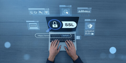 Hands typing on laptop with SSL padlock icon and cybersecurity interface overlay.