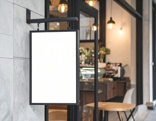 Blank white board with black frame hanging from black metal bracket attached to wall. ready for branding or advertising on the blank board.