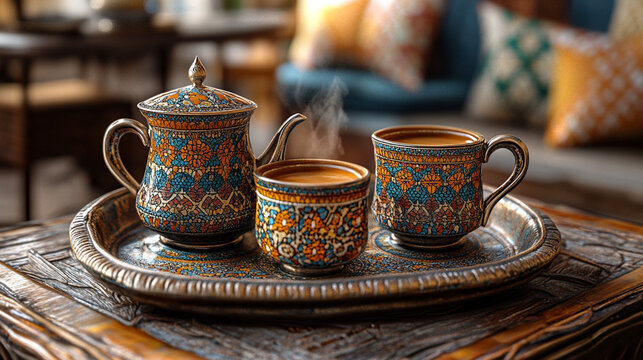 Decorative tea set with steaming cups and teapot on a tray, in a cozy cafe setting.