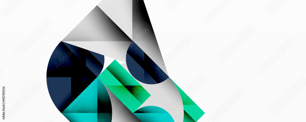 Poster Abstract geometric shapes overlap, creating dynamic composition. Blue, teal, gray tones dominate minimalist design.