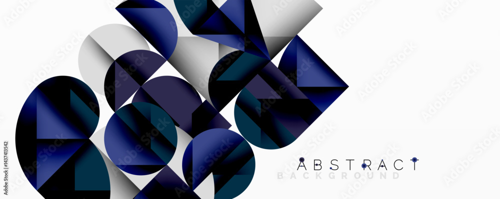 Poster geometric shapes overlap, creating dynamic composition. dark blues, grays, white dominate design. mo