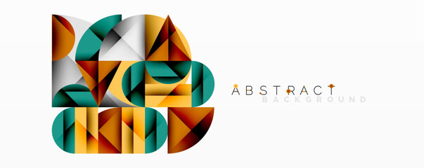 Geometric shapes overlap, creating dynamic composition. Colors include gold, teal, brown, white. Modern design element.