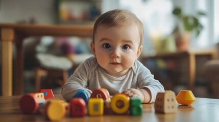 Fototapeta premium Adorable baby playing with colorful wooden blocks on a table.