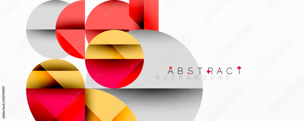 Poster geometric shapes overlap, creating vibrant abstract design. red, yellow, gray tones dominate composi