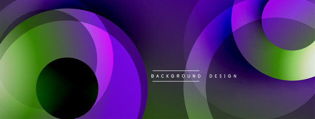 Abstract layered circles, vibrant purple, green hues. Modern design, smooth gradients create dynamic visual effect.