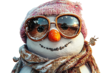 Realistic 3D snowman with button eyes and hat standing alone on white background