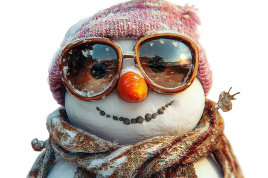 Realistic 3D snowman with button eyes and hat standing alone on white background