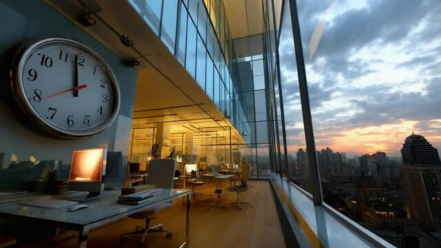 Modern Workplace Time: A panoramic view of a contemporary office setting at dusk, complete with a clock, and city view through large windows.
