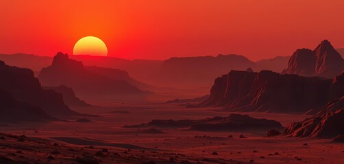 Naklejka premium Crimson sun dips below jagged Martian peaks, casting long shadows across a desolate valley, geology, fantasy