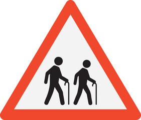 elderly crossing warning traffic sign with red triangle border on white background