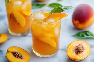 A chilled peach iced tea with a splash of lemon juice and a few slices of fresh peach