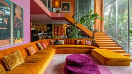 Colorful retro 70s living room with velvet furniture, sunken seating, and warm nostalgic colors