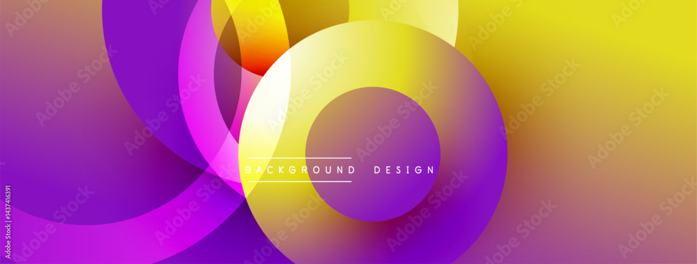 Poster abstract circles overlap, creating vibrant purple, yellow gradients. modern design, smooth transitio