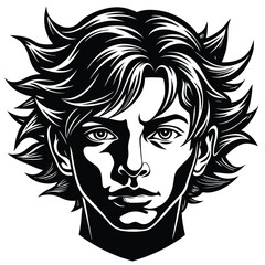 Intense Gaze of a Young Man with Wild Hair, Bold Linework, Striking Contrast, Portrait