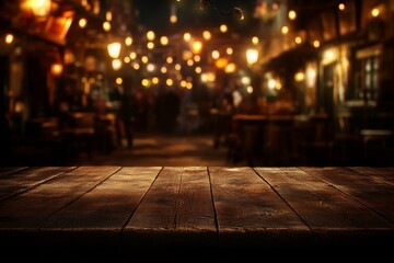 Rustic wooden table in a dimly lit, festive outdoor setting