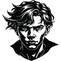 Monochrome Portrait Intensely Glares, Dark Hair, Detailed Silhouette of Young Man 87