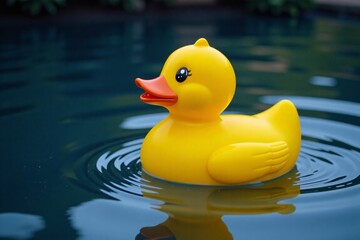 Serene rubber ducky adrift on pond