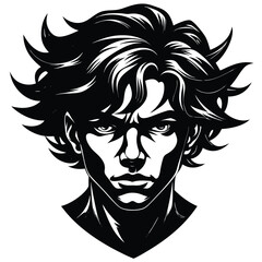 Monochromatic Headshot Portrait Asian Man, Detailed Hair, Intense Gaze, High Contrast