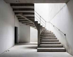 Fototapeta premium A solitary staircase ascends in an empty room, its concrete walls stark and unadorned, casting soft shadows that enhance the minimalist ambiance.