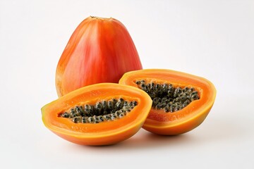 A whole papaya alongside a sliced one, isolated on a white background
