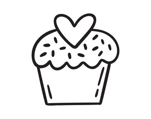 cute muffin with heart for Valentines Day doodle hand drawn icon. Outline drawing cute muffin with heart for Valentines Day line clipart symbol