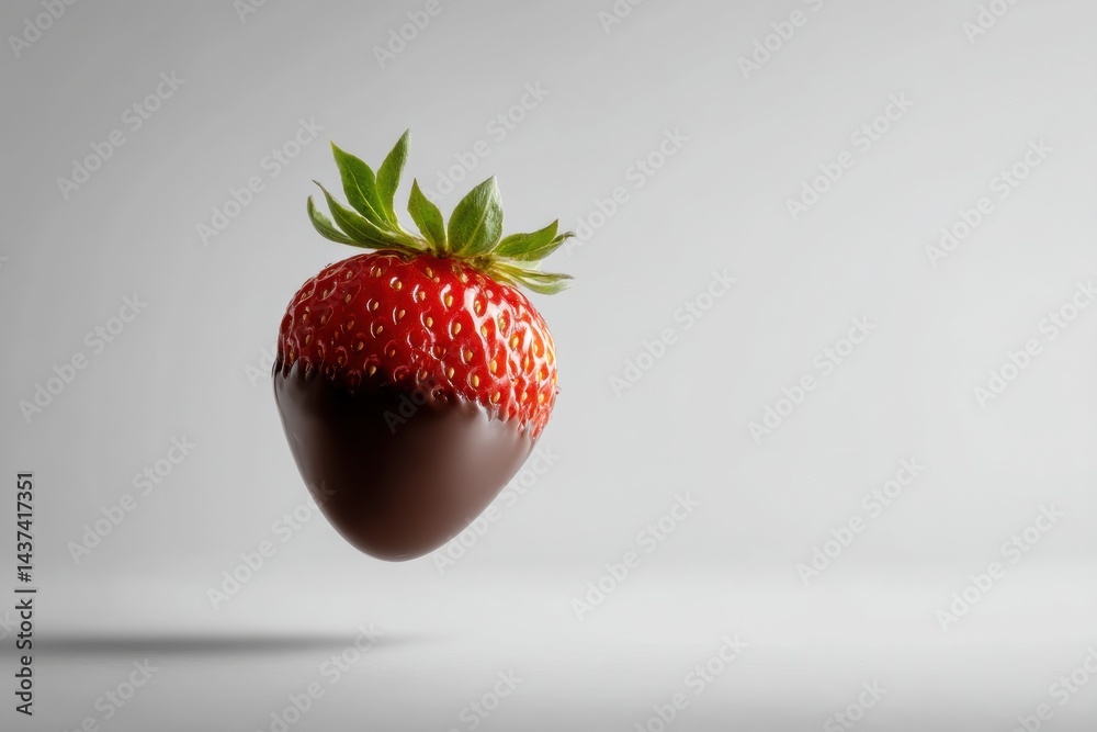 Poster chocolate covered strawberry floating in mid-air with high-key lighting creating a clean and bright 