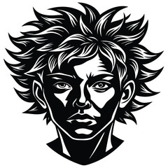 Black & White Portrait Young Man, Spiky Hair, Intense Gaze, Minimalist Art