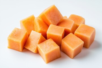 A freshly cut papaya cubes arranged neatly, isolated on a white background.