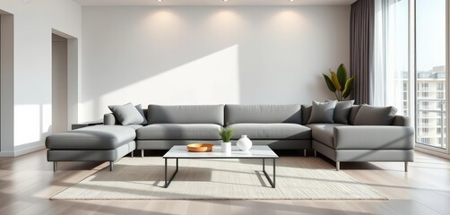 Sleek gray sofa & minimalist coffee table in bright modern living room, bright, living room