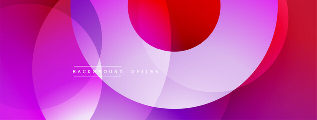 Abstract overlapping circles create vibrant, modern background. Shades range from purple, pink, red, blue. Minimalist design.