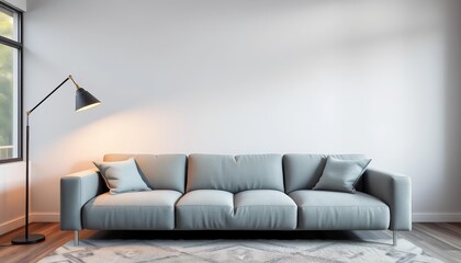 Fototapeta premium Sleek grey sofa, modern floor lamp, stylish living room, grey, grey sofa
