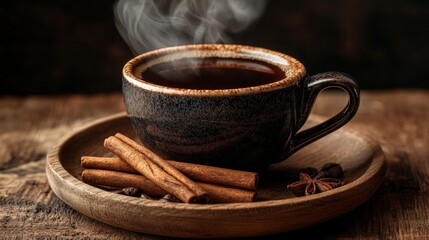 Fototapeta premium On a rustic wooden table, a steaming cup of coffee sits atop a burlap coaster, surrounded by cinnamon sticks