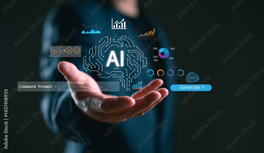 Aufkleber businessman using ai technology automatic data analysis and visualization with command prompt. conce
