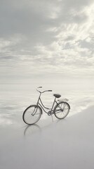 Solitary bicycle echoes serenity against the ethereal backdrop of clouded sky and reflective plane