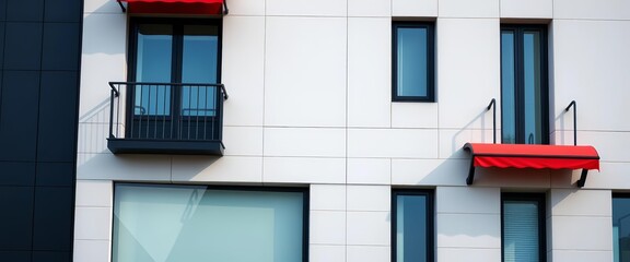 Sleek modern building facade; red awning balcony, black-framed windows, geometric patterns, contemporary, exterior