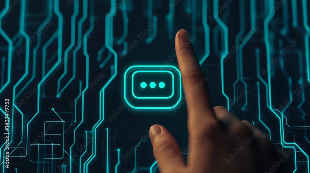 Poster digital interface with a hand tapping a messaging icon on a circuit board.