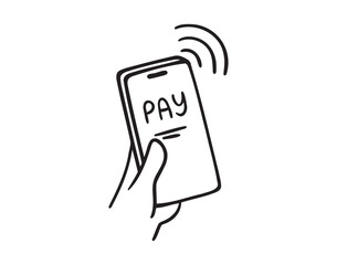 mobile payment with smartphone or pay text with phone doodle hand drawn icon. Outline drawing mobile payment line clipart symbol
