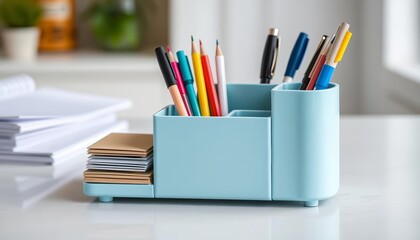 Fototapeta premium Sleek pastel blue steel pen holder with multiple compartments for organized stationery, desk accessories, efficient